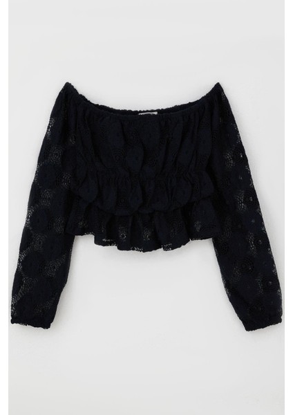 Kız Çocuk Uzun Kollu Dantelli Crop Bluz Çiçek Motifli 9-14 Yaş, Lacivert