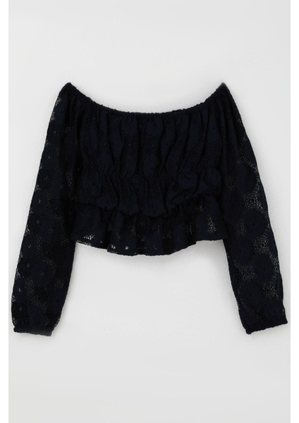 Kız Çocuk Uzun Kollu Dantelli Crop Bluz Çiçek Motifli 9-14 Yaş, Lacivert fiyatları