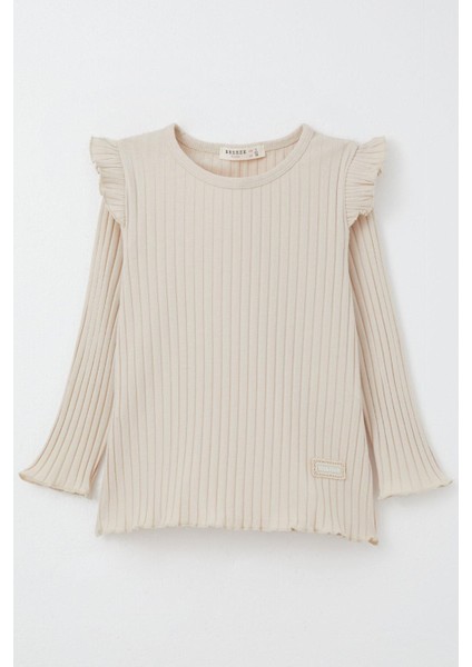 Kız Çocuk Uzun Kollu Tişört Arma Nakışlı Fırfırlı 2-6 Yaş, Bej