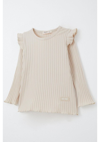 Kız Çocuk Uzun Kollu Tişört Arma Nakışlı Fırfırlı 2-6 Yaş, Bej modelleri