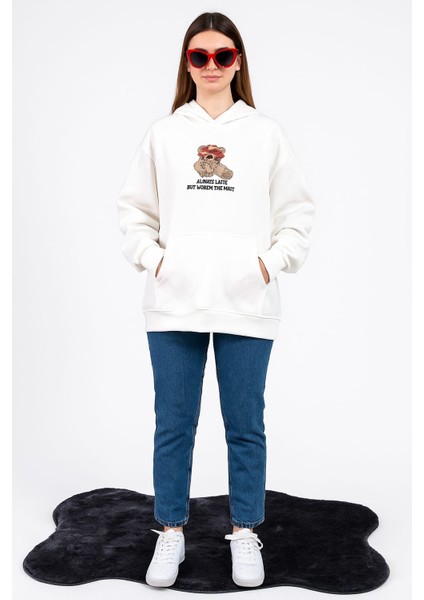 Ayı Desenli Kapüşonlu Ön Cep Detaylı Rahat Sweatshirt