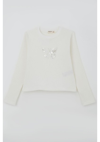 Kız Çocuk Uzun Kollu Tişört Kelebek Arma Detaylı Pullu Incili 8-14 Yaş, Ekru
