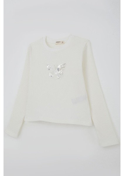 Kız Çocuk Uzun Kollu Tişört Kelebek Arma Detaylı Pullu Incili 8-14 Yaş, Ekru modelleri
