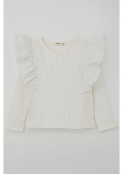 Kız Çocuk Uzun Kollu Tişört Omuzu Çiçek Nakışlı Güpür Detaylı 3-7 Yaş, Ekru