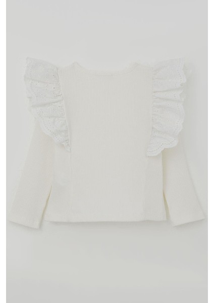 Kız Çocuk Uzun Kollu Tişört Omuzu Çiçek Nakışlı Güpür Detaylı 3-7 Yaş, Ekru fiyatları