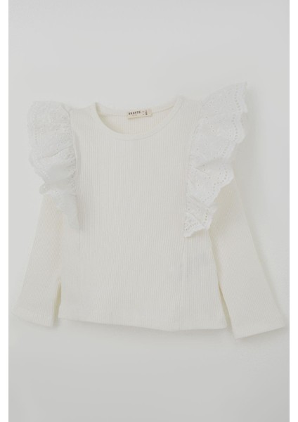 Kız Çocuk Uzun Kollu Tişört Omuzu Çiçek Nakışlı Güpür Detaylı 3-7 Yaş, Ekru modelleri