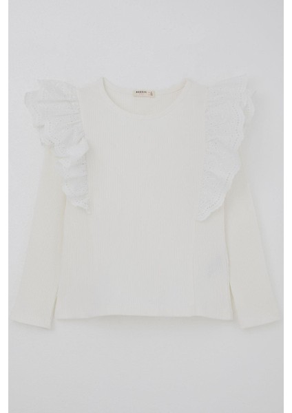 Kız Çocuk Uzun Kollu Tişört Omuz Kısmı Güpür Detaylı Çiçek Nakışlı 8-12 Yaş, Ekru