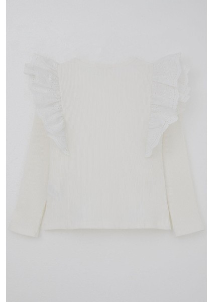 Kız Çocuk Uzun Kollu Tişört Omuz Kısmı Güpür Detaylı Çiçek Nakışlı 8-12 Yaş, Ekru fiyatları