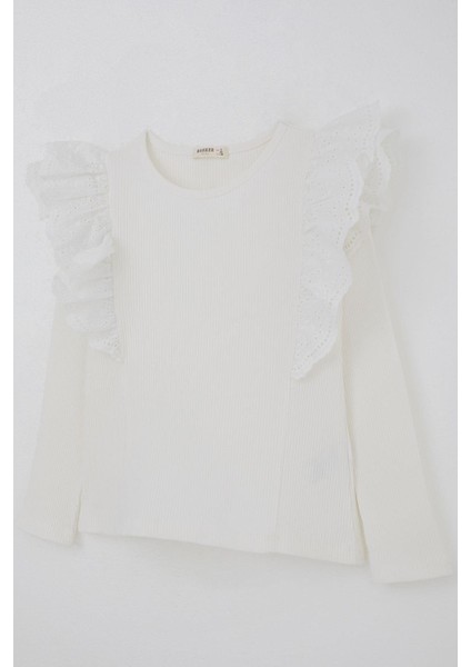 Kız Çocuk Uzun Kollu Tişört Omuz Kısmı Güpür Detaylı Çiçek Nakışlı 8-12 Yaş, Ekru modelleri