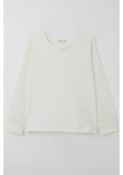 Kız Çocuk Bluz Kolları Tüllü 8-12 Yaş, Ekru