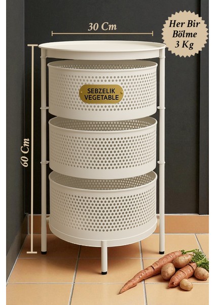 3 Bölmeli Patates ve Soğan Sepeti Patateslik Soğanlık Sebzelik Paslanmaz Metal Dekoratif Düzenleyici