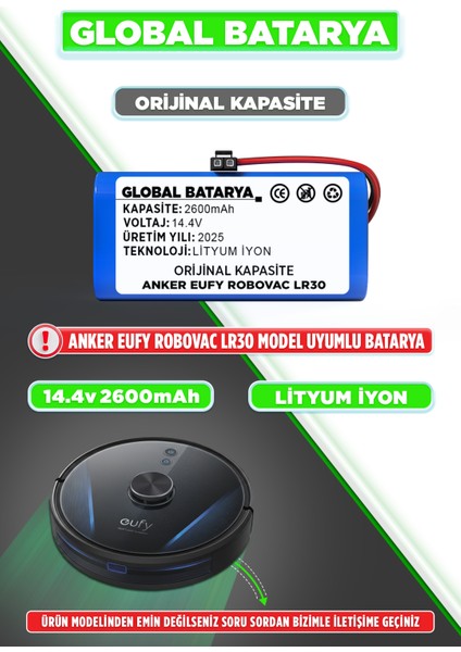 Anker Eufy Robovac LR30 Uyumlu Robot Süpürge Bataryası 14.4V 2600MAH Li-Ion Pil (Orijinal Kapasite)