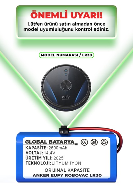 Anker Eufy Robovac LR30 Uyumlu Robot Süpürge Bataryası 14.4V 2600MAH Li-Ion Pil (Orijinal Kapasite) indirimleri