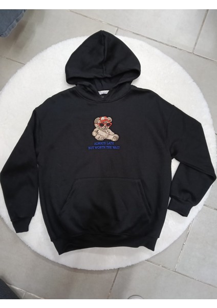 Ayıcık Desenli Kapüşonlu Ön Cep Detaylı Rahat Sweatshirt fiyatları