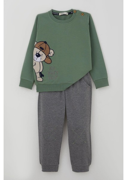 Erkek Çocuk Eşofman Takımı Sevimli Ayıcık Nakışlı 1-4 Yaş, Haki Yeşil