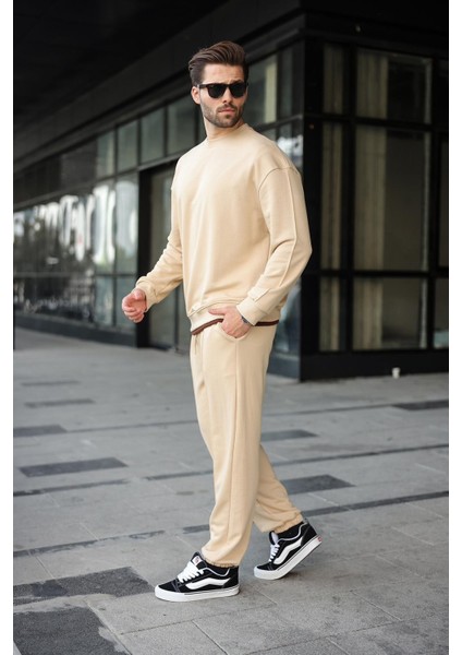 Bej Bisiklet Yaka Basic Erkek Eşofman Takımı E7323