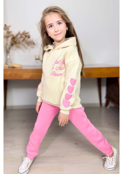 Kız Çocuk Sırt Baskılı ve Kollarında Yazı Detaylı Sweatshirt Pembe Eşofman Takım
