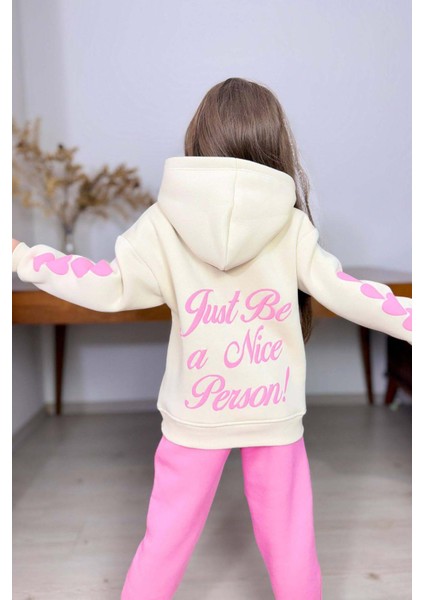 Kız Çocuk Sırt Baskılı ve Kollarında Yazı Detaylı Sweatshirt Pembe Eşofman Takım modelleri