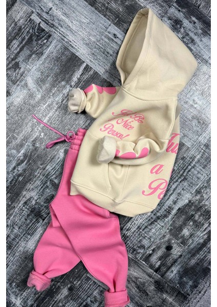 Kız Çocuk Sırt Baskılı ve Kollarında Yazı Detaylı Sweatshirt Pembe Eşofman Takım indirimleri