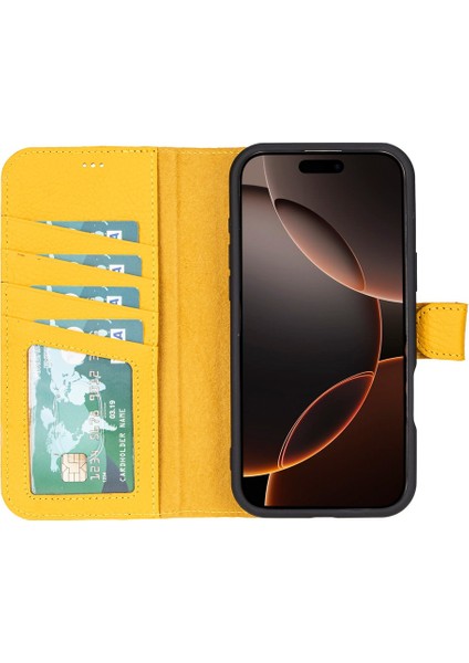 Apple iPhone 16 Pro Uyumlu, Hakiki Deri, El Yapımı, Cüzdanlı Kılıf, Limon Sarı fiyatları