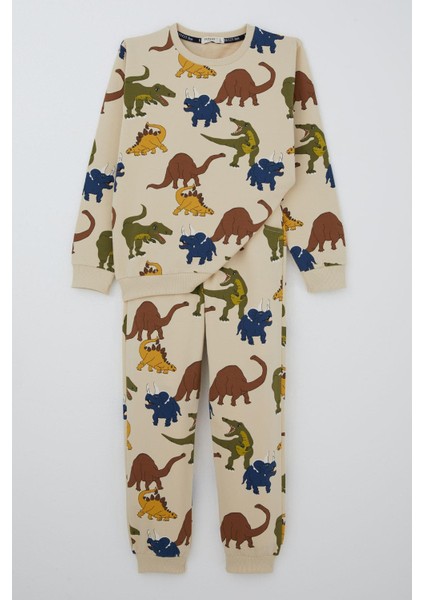 Erkek Çocuk Eşofman Takım Dinozorlar Alemi Desenli 4-8 Yaş, Bej