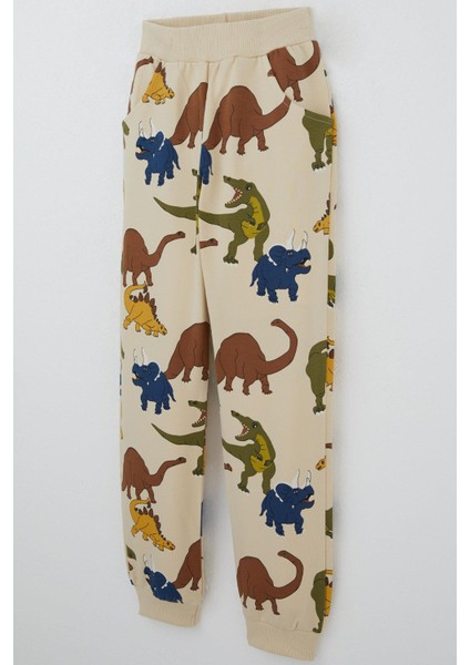 Erkek Çocuk Eşofman Takım Dinozorlar Alemi Desenli 4-8 Yaş, Bej