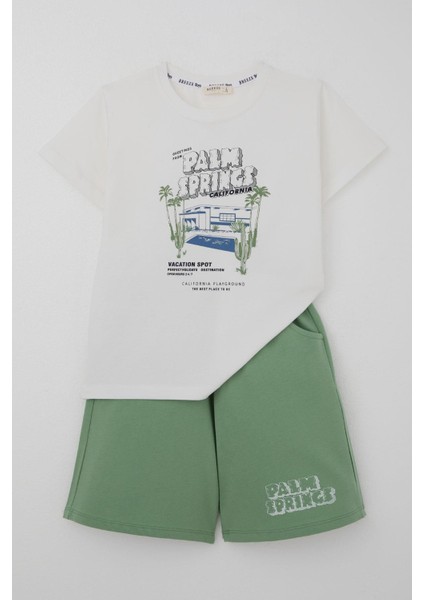 Erkek Çocuk Şortlu Takım Tatil Temalı Palmiye Ağacı Baskılı 5-9 Yaş, Beyaz