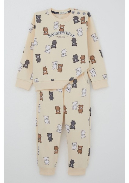Erkek Çocuk Eşofman Takım Sevimli Ayıcıklar Desenli 1-4 Yaş, Krem