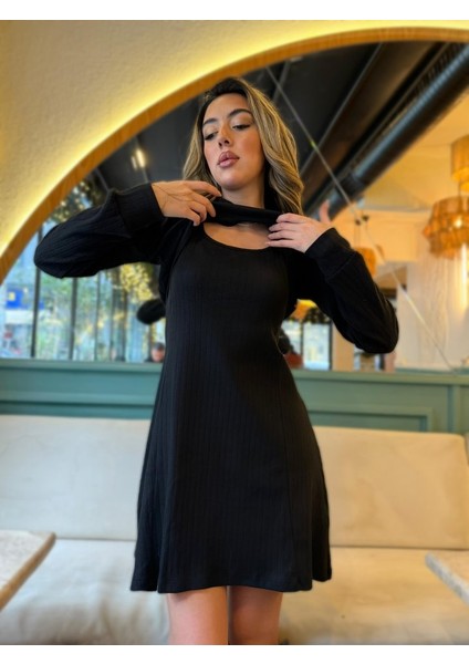 Kadın Uzun Kollu Kapüşonlu Ceket Üst ve Askısız Kare Yaka A Kesim Şardonlu Kaşkorse Elbise