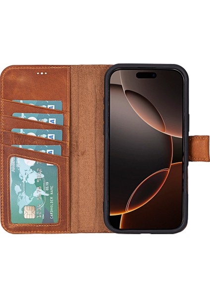 Apple iPhone 16 Pro Max Uyumlu, Hakiki Deri, El Yapımı, Cüzdanlı Kılıf, Karamel fırsatları