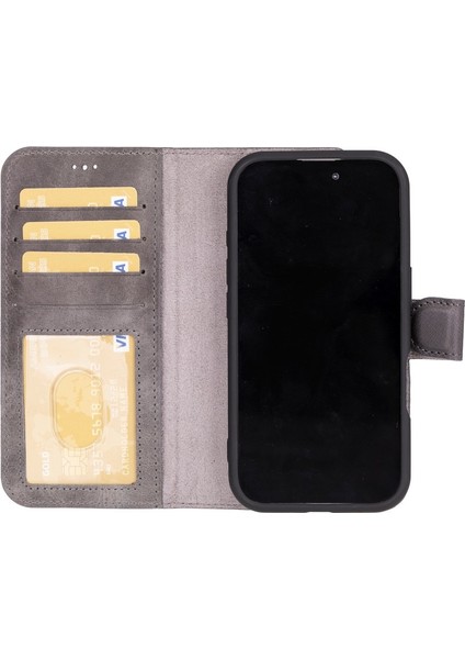 Apple iPhone 16 Uyumlu, Hakiki Deri, El Yapımı, Cüzdanlı Kılıf, Gölgeli Gri fiyatları
