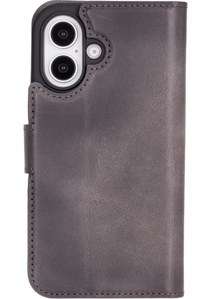 Apple iPhone 16 Uyumlu, Hakiki Deri, El Yapımı, Cüzdanlı Kılıf, Gölgeli Gri indirimleri