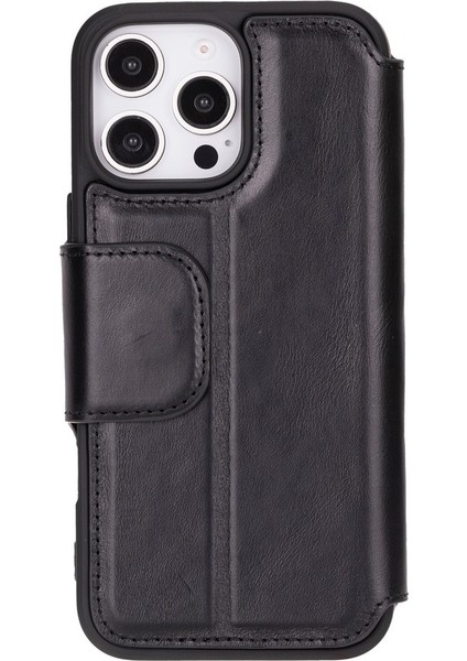 Apple iPhone 16 Pro Max Uyumlu, Hakiki Deri, El Yapımı, Cüzdanlı Kılıf, Parlak Siyah fırsatları