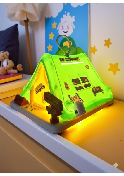 Kamp Macerası Işıklı Çadır Kumbara – Sticker Hediyeli Çocuk Gece Lambası Yeşil Renk