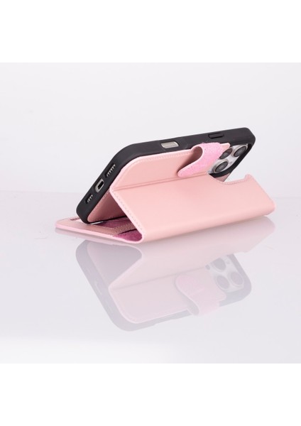 Apple iPhone 16 Pro Uyumlu, Hakiki Deri, El Yapımı, Cüzdanlı Kılıf, Toz Pembe modelleri