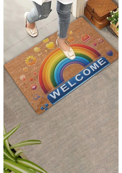 Emojili Gökkuşağı Kaymaz Tabanlı Hoş Geldiniz Welcome Kapı Önü Paspası 45X70CM