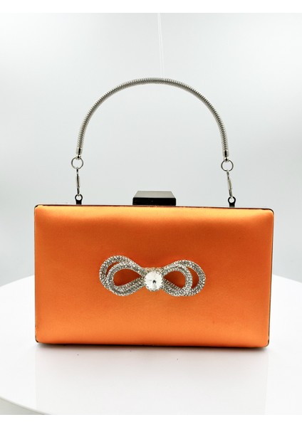 Turuncu Renk Saten Gümüş Kasalı Gümüş Taşlı Abiye Çanta Gece Çantası Düğün Nişan Portföy