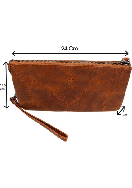 Hakiki Eskitme Deri El Geçirme ve Bileklikli Unisex El Portföyü - G2 Taba