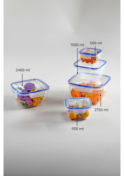 Kare 5 Parça Contalı Vakumlu Sızdırmaz Hava Almaz Saklama Kabı Seti (3750/2400/1500/900/500 Ml) modelleri