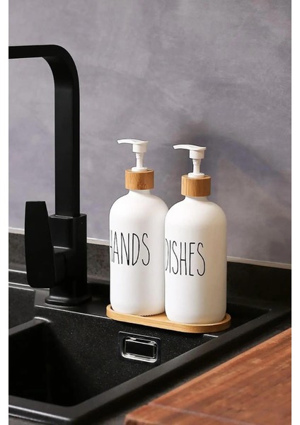 Beyaz Cam Ikili Sıvı Sabunluk Seti 500 ml Bambu Altlıklı