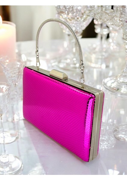 Fuşya Renk Balıksırtı Desenli Metal Saplı Parlak Rugan Deri Kadın Abiye Çanta Düğün Nişan