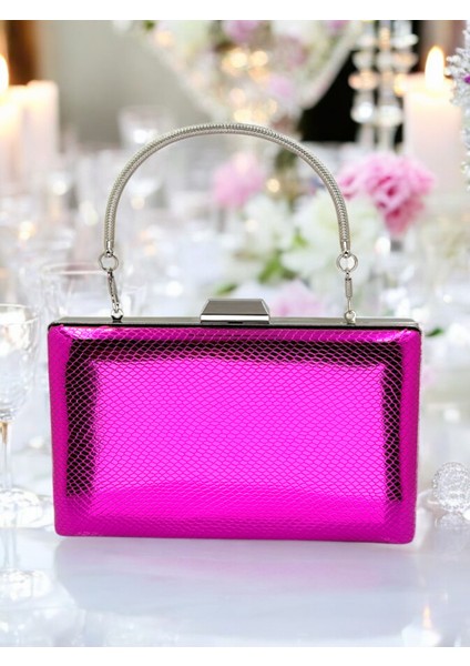 Fuşya Renk Balıksırtı Desenli Metal Saplı Parlak Rugan Deri Kadın Abiye Çanta Düğün Nişan fiyatları