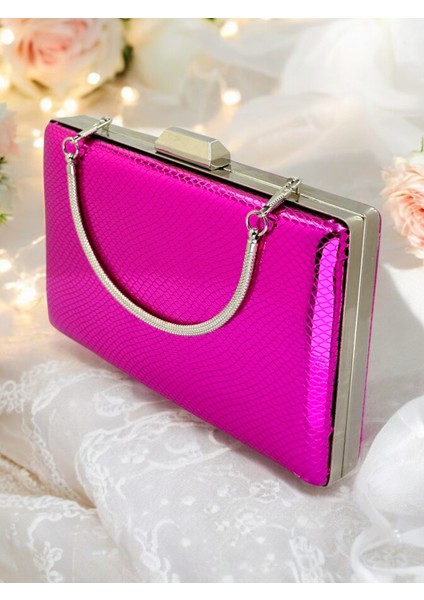 Fuşya Renk Balıksırtı Desenli Metal Saplı Parlak Rugan Deri Kadın Abiye Çanta Düğün Nişan