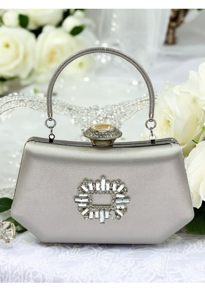Gümüş Gri Lame Renk Gümüş Kristal Taşlı Zarif Tasarım Metal Saplı Abiye Çantası fiyatları