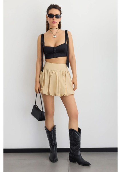 Kadın Mini Şortlu Balon Etek Bej Doğal