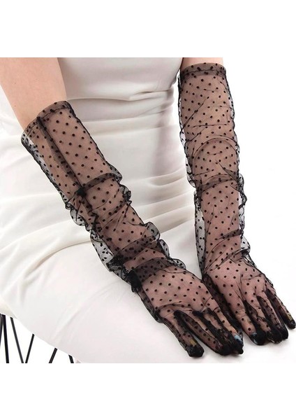 Zeroshop Uzun Boy Siyah Puyeli Siyah Renk Yetişkin Tül Eldiven 55 cm