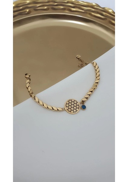 Yaşam Çiçeği Modeli Gold Renk Çelik Arpa Bileklik