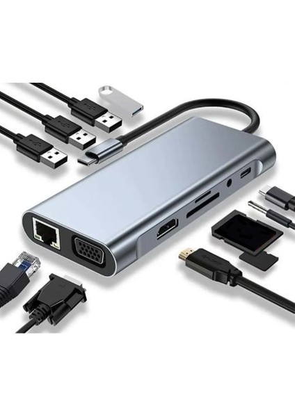 11 In 1 Arada Type-C Hub Adaptör, Hdmı, Vga, RJ45, Sd-Micro Sd Kart Okuyucu, USB 3.0 Portları, Ses Çıkışı, Gümüş