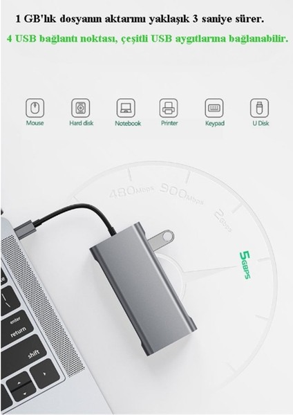 11 In 1 Arada Type-C Hub Adaptör, Hdmı, Vga, RJ45, Sd-Micro Sd Kart Okuyucu, USB 3.0 Portları, Ses Çıkışı, Gümüş