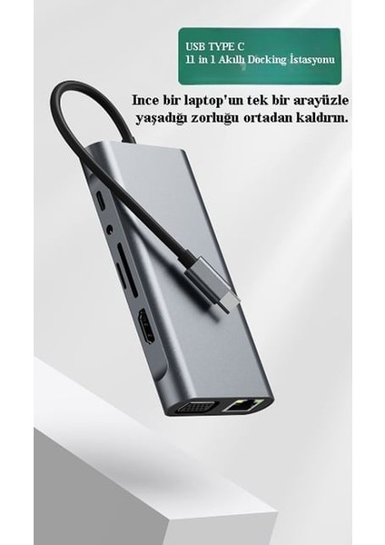 11 In 1 Arada Type-C Hub Adaptör, Hdmı, Vga, RJ45, Sd-Micro Sd Kart Okuyucu, USB 3.0 Portları, Ses Çıkışı, Gümüş